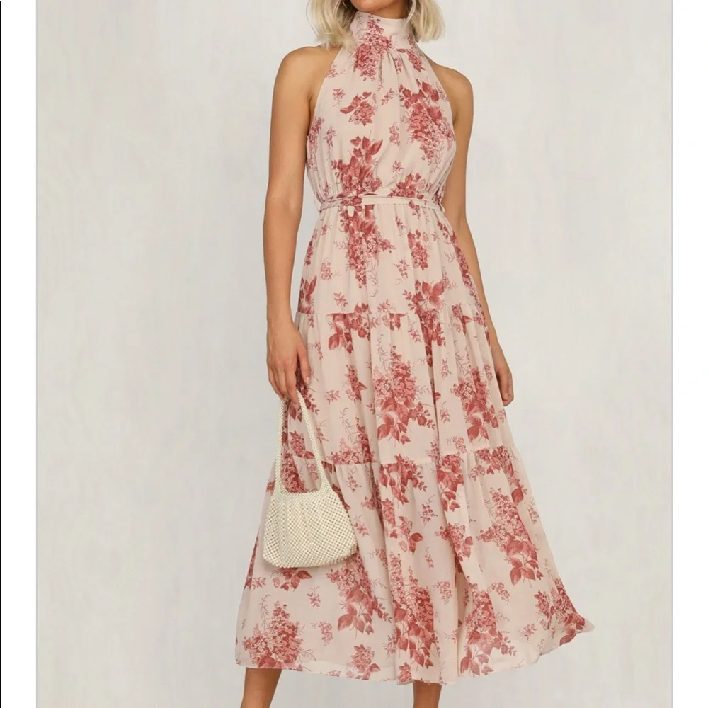 ✨SOLD✨ NWT Petal & Pup High Neck Tiered Floral Midi Dress in Dusty Pink - 4 - Picture 4 of 7